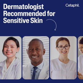 Cetaphil applying serum to hand showing gentle formula and non-greasy finish benefit