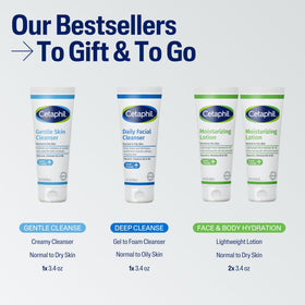 Cetaphil travel kit next to passport for scale illustrating TSA-approved convenience