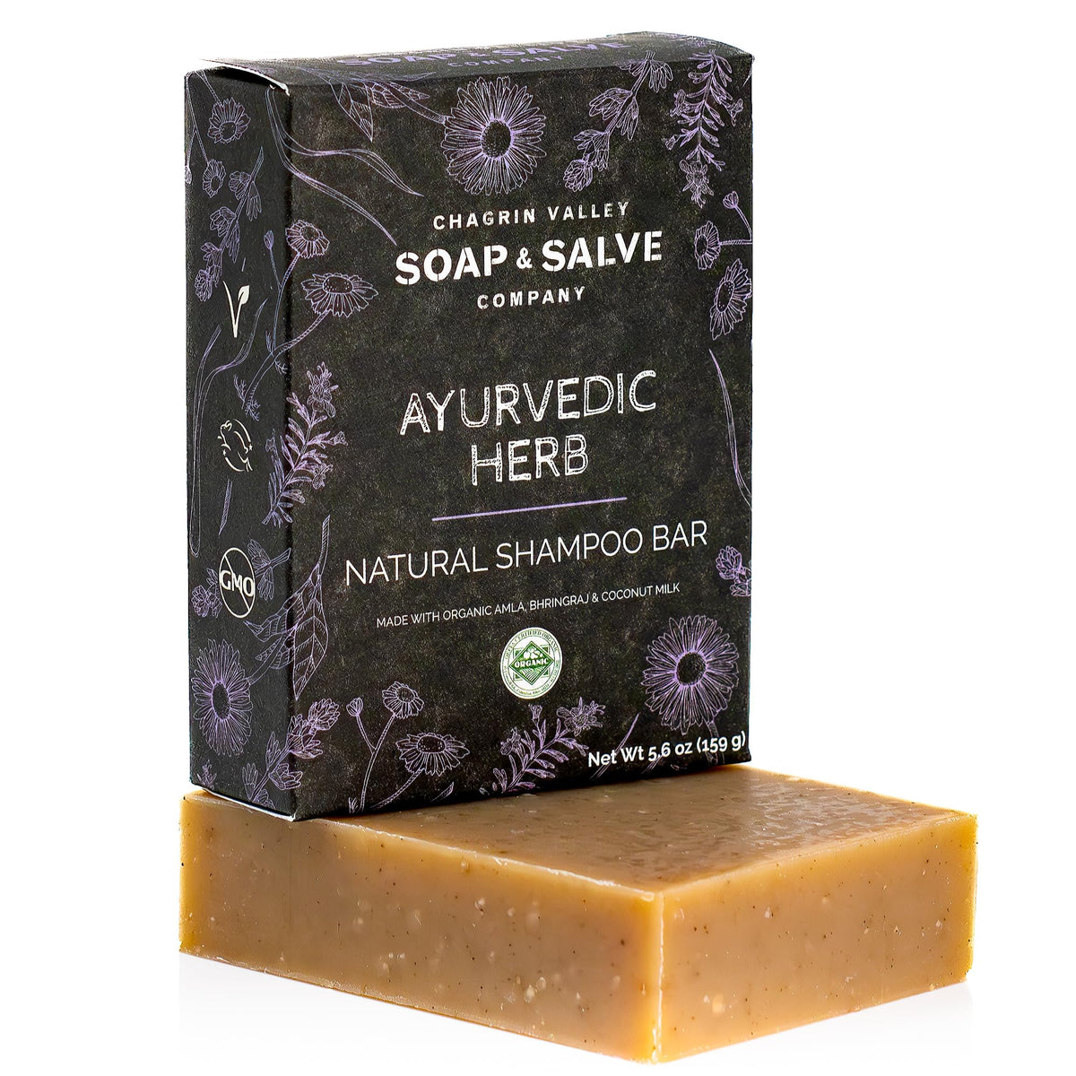 Chagrin Valley front packaging of Ayurvedic shampoo bar showing organic label and size