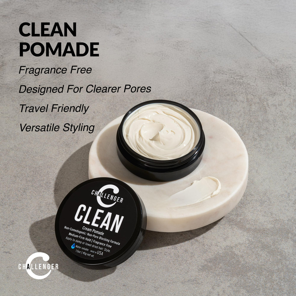 Challenger size comparison with 1.5oz jar highlighting travel-friendly benefit