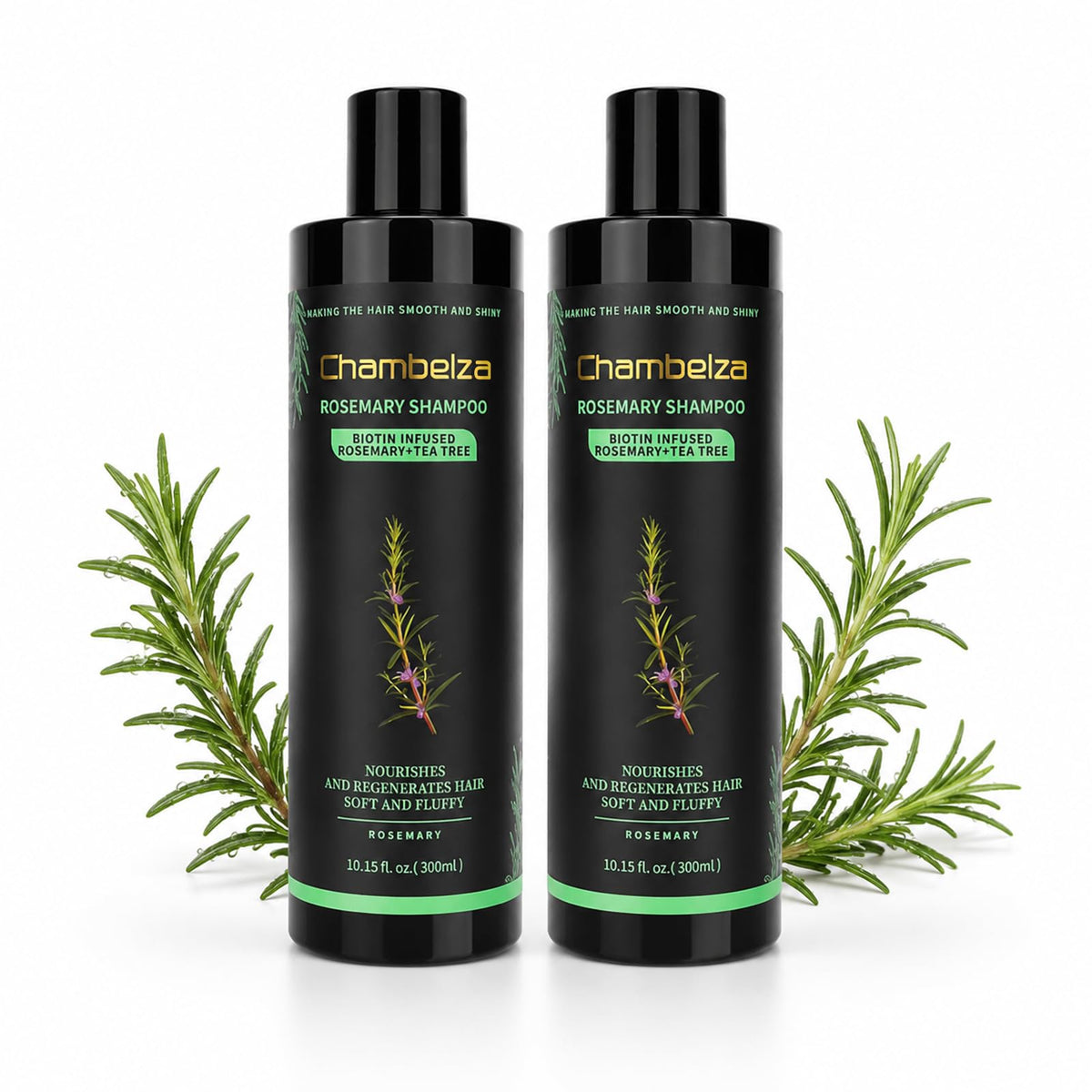 Chambelza front packaging showing rosemary shampoo for fuller hair