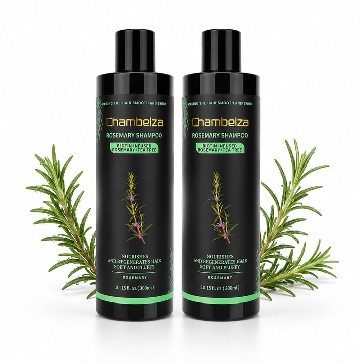 Chambelza front packaging showing rosemary shampoo for fuller hair