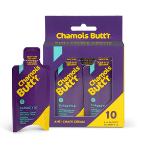 Chamois Butt'r Eurostyle front view of ten 9mL packets showing packaging and convenience