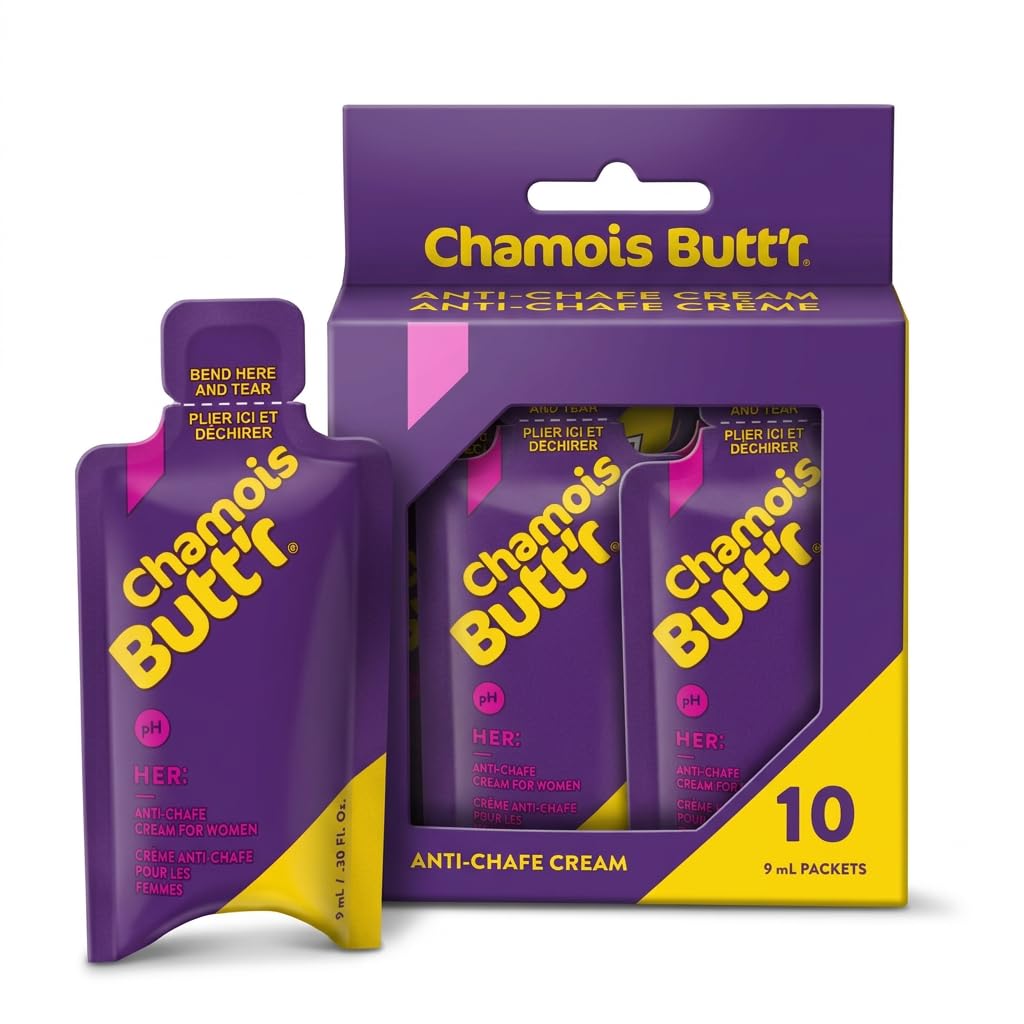 Chamois Butt'r Her' front view of ten 9mL packets showing compact pack and convenience