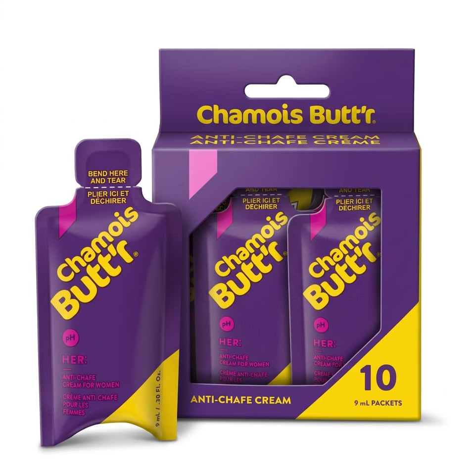 Chamois Butt'r Her' front view of ten 9mL packets showing compact pack and convenience