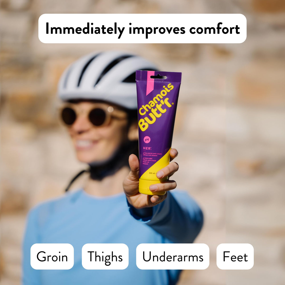 Chamois Butt'r Her' being applied to inner thigh to prevent chafing