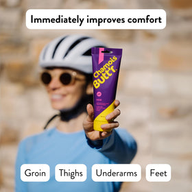Chamois Butt'r Her' being applied to inner thigh to prevent chafing