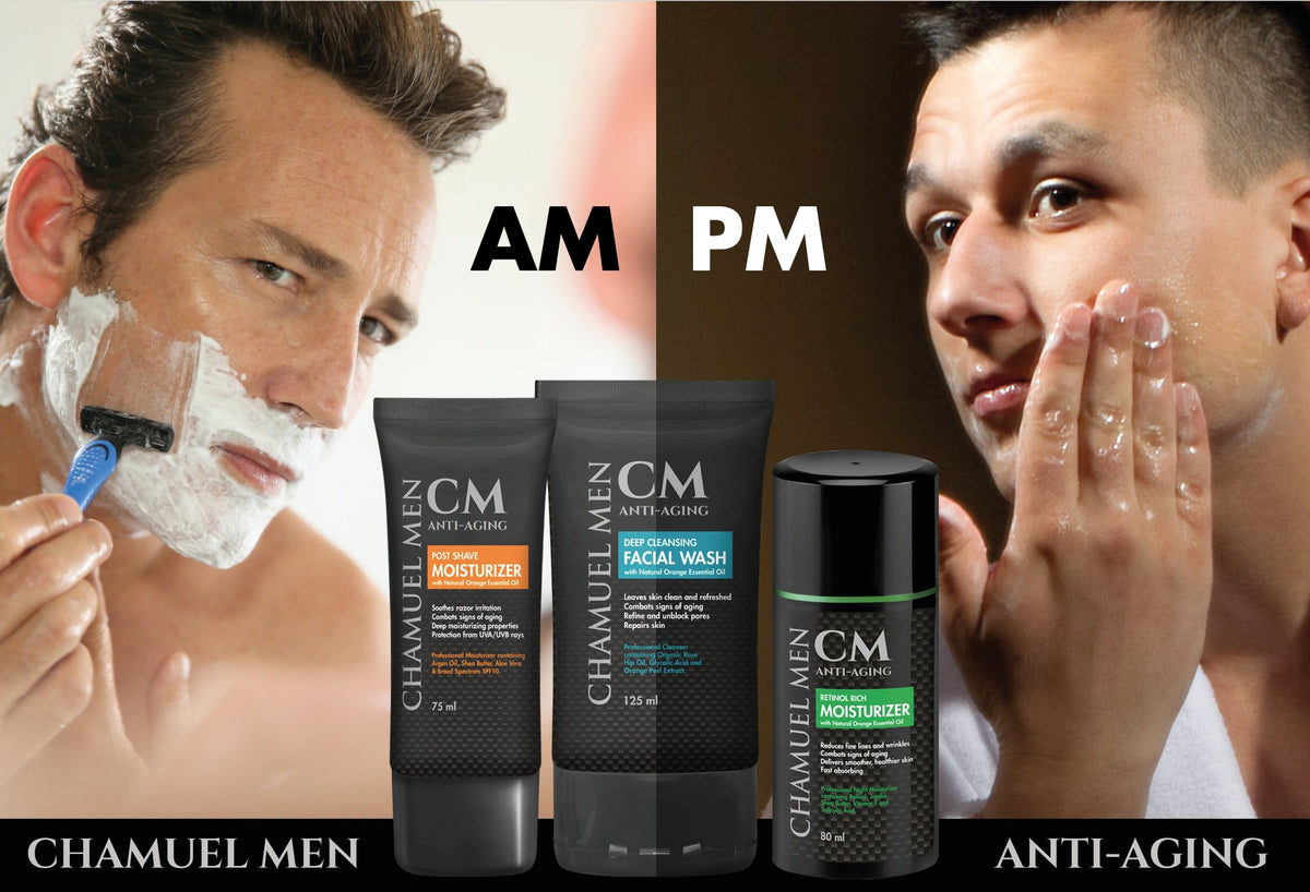 CHAMUEL MEN 100ml next to hand illustrating generous size