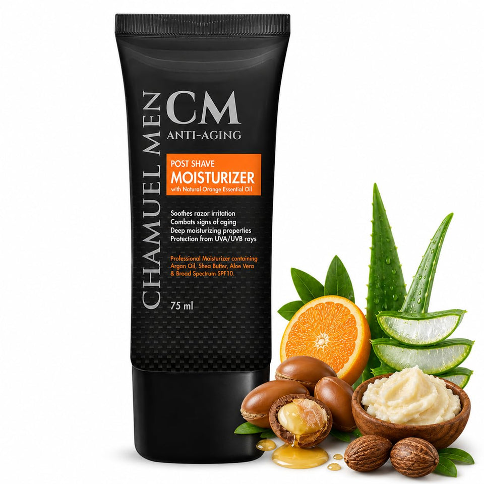 CHAMUEL MEN front packaging showing compact 2.6 oz moisturizer and clear labeling benefit