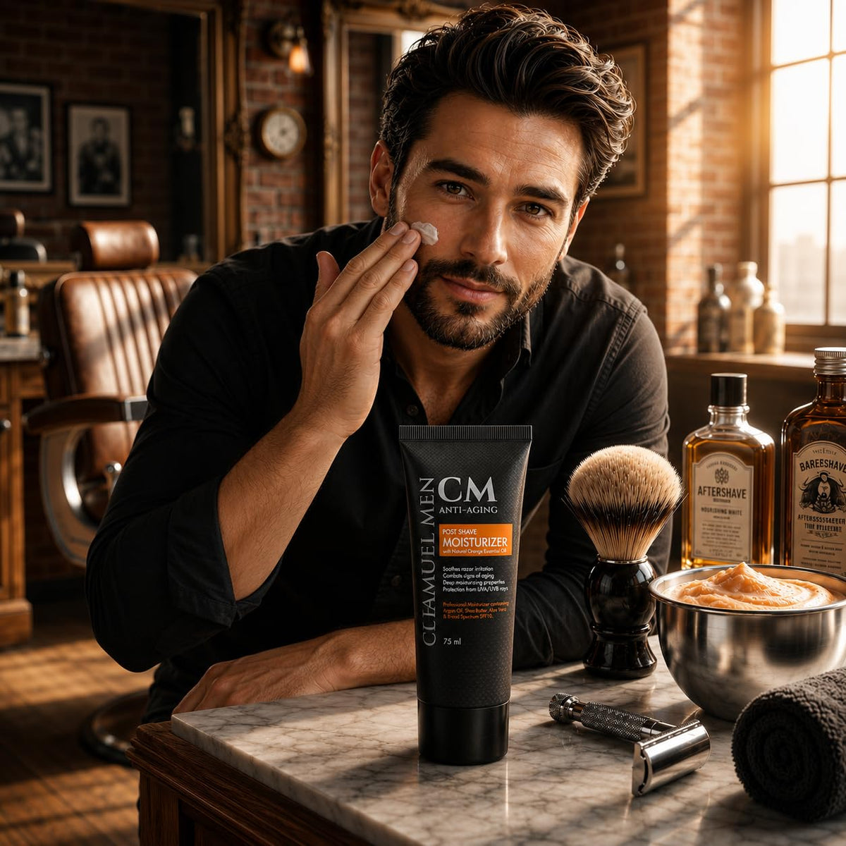 CHAMUEL MEN ingredient focus with argan shea aloe highlighting natural moisturizing benefits