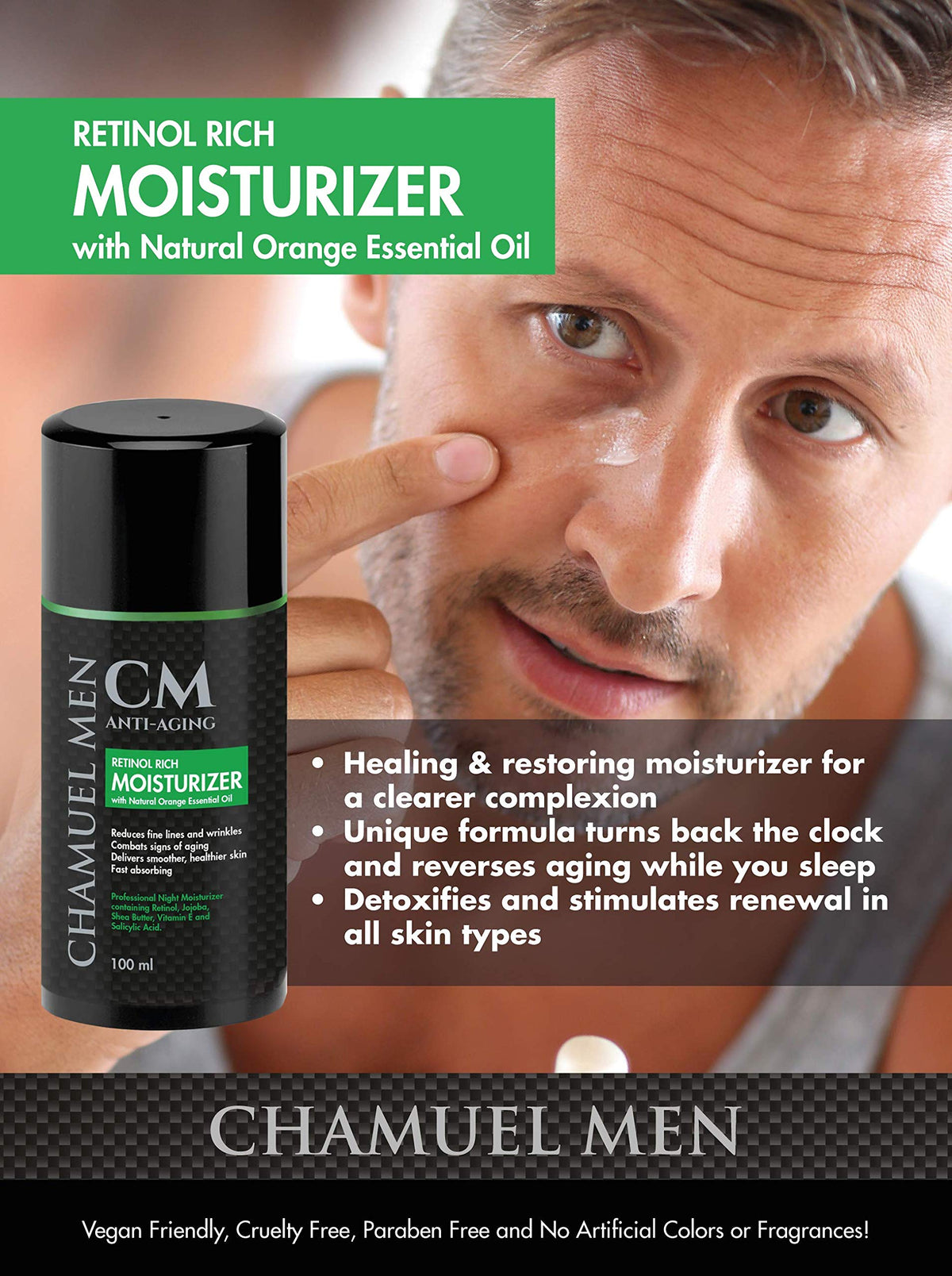 CHAMUEL MEN ingredient collage with retinol jojoba shea visual