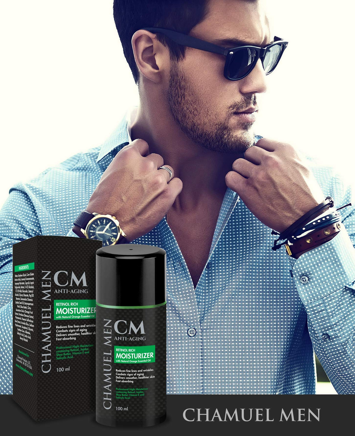 CHAMUEL MEN label close-up highlighting fragrance-free formula
