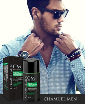 CHAMUEL MEN label close-up highlighting fragrance-free formula