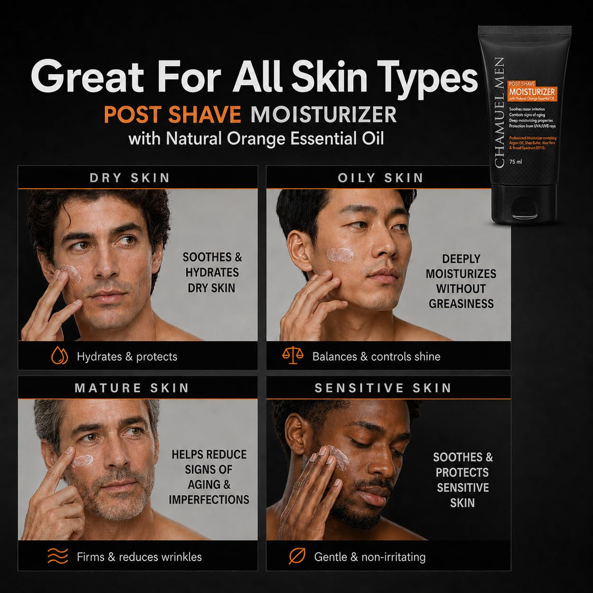 CHAMUEL MEN applied to jawline after shave illustrating reduction of redness and calming benefit