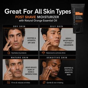CHAMUEL MEN applied to jawline after shave illustrating reduction of redness and calming benefit