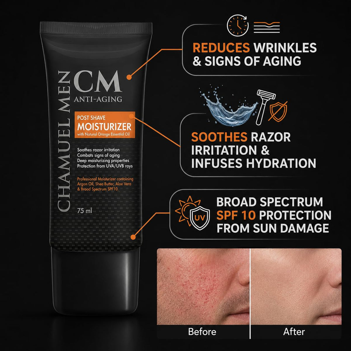 CHAMUEL MEN being dispensed on hand to show easy application and immediate soothing effect