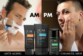CHAMUEL MEN size comparison next to razor emphasizing compactness and bathroom-ready size