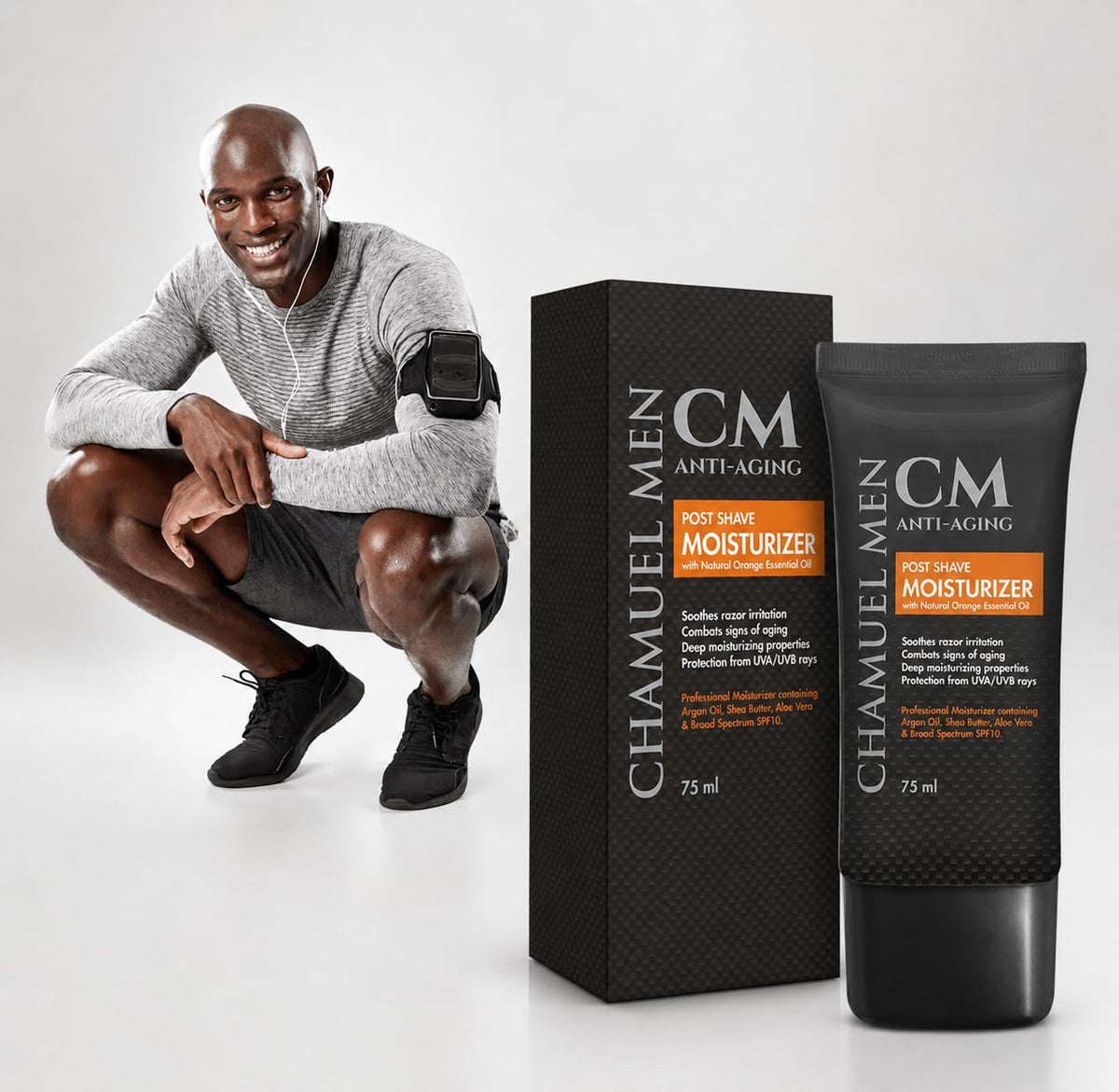 CHAMUEL MEN side label close-up showing ingredient transparency and clean formulation benefit