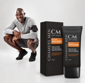 CHAMUEL MEN side label close-up showing ingredient transparency and clean formulation benefit