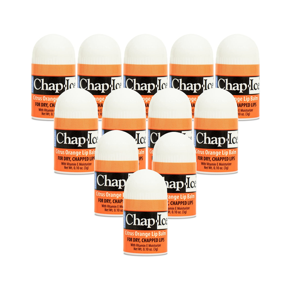 CHAP-ICE front packaging showing 12 mini citrus tubes, convenient and ready
