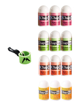 CHAP-ICE front packaging showing twelve mini lip balms and keychain for easy carrying