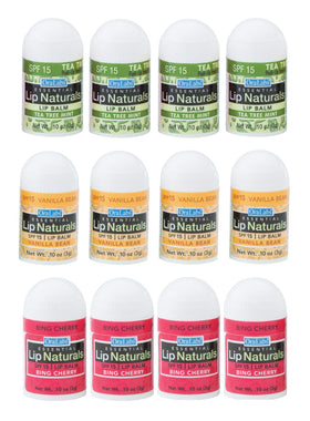 CHAP-ICE front packaging showing 12-count mini lip balms, convenient travel set