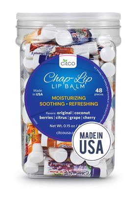 Chap-Lip front packaging showing 48-count jar and branding for convenient bulk supply