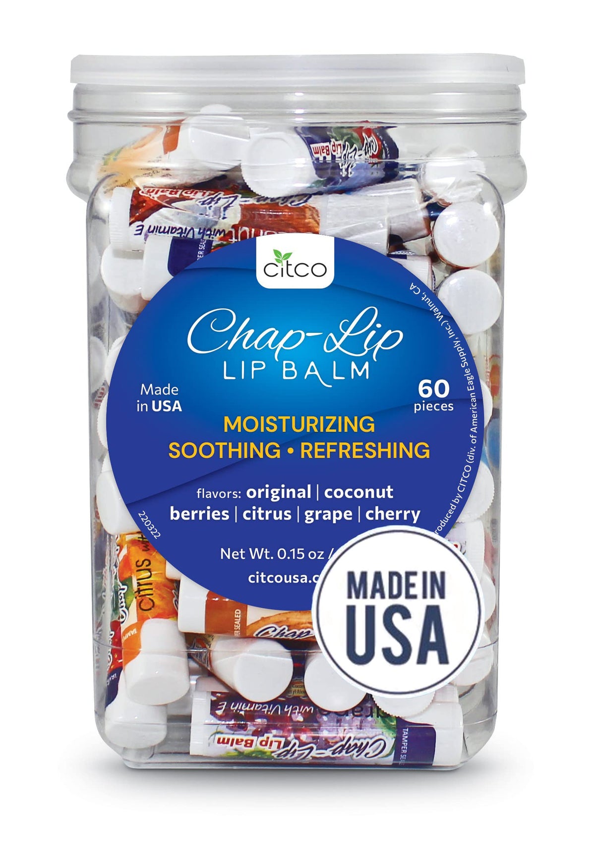 Chap-Lip jar front view showing assorted tubes and easy grab convenience