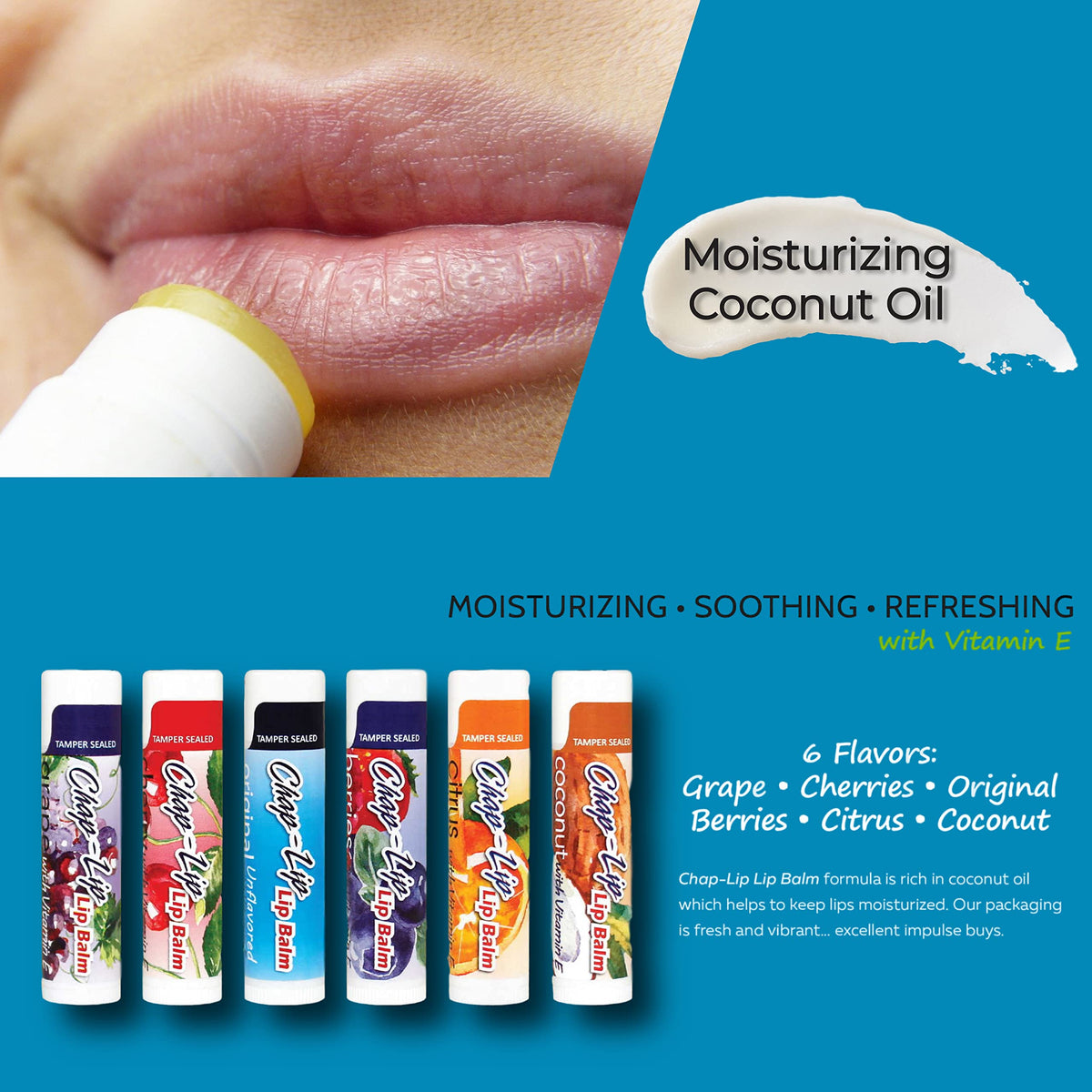Chap-Lip label and ingredients panel showing made in USA and paraben-free
