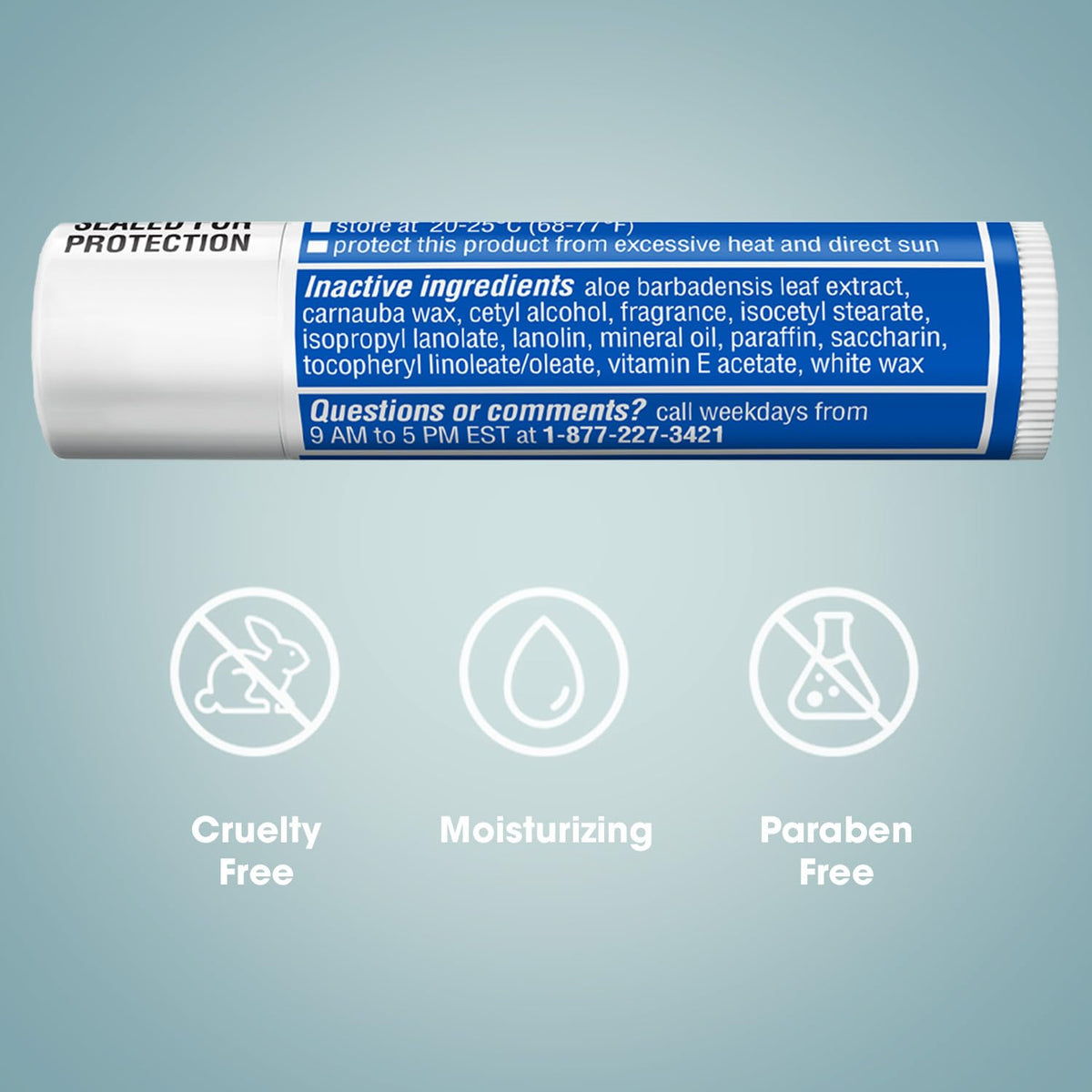 Aloe and vitamin E visual with ChapStick indicating soothing ingredient benefit