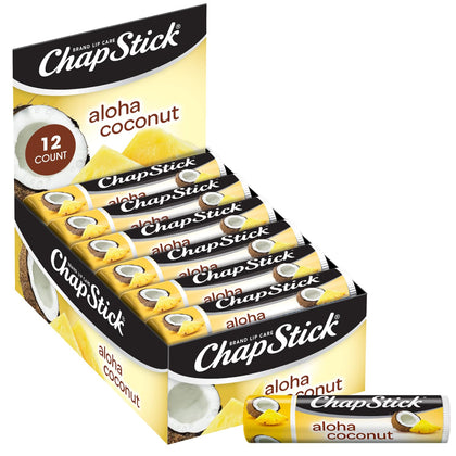 ChapStick Aloha Coconut front packaging showing 12-tube bundle and convenient supply