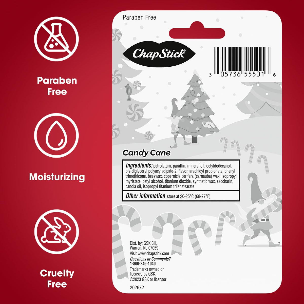 Back label of ChapStick Candy Cane showing ingredient list and product details