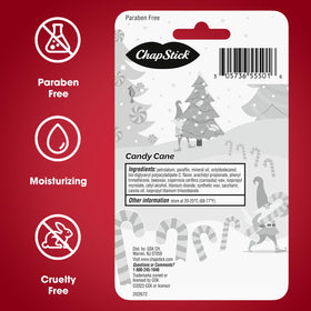 Back label of ChapStick Candy Cane showing ingredient list and product details