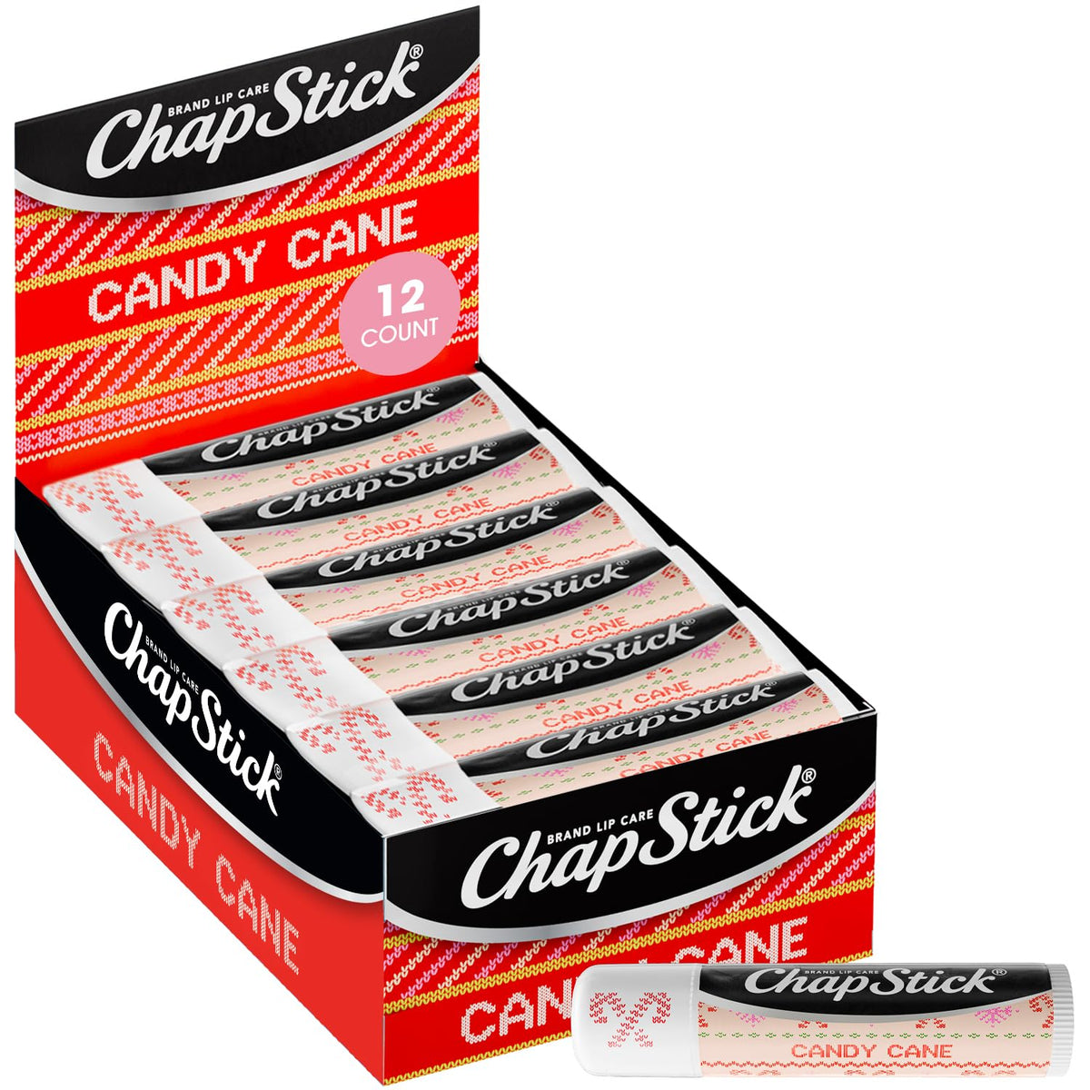 ChapStick front packaging showing Candy Cane 12-pack for convenient gifting