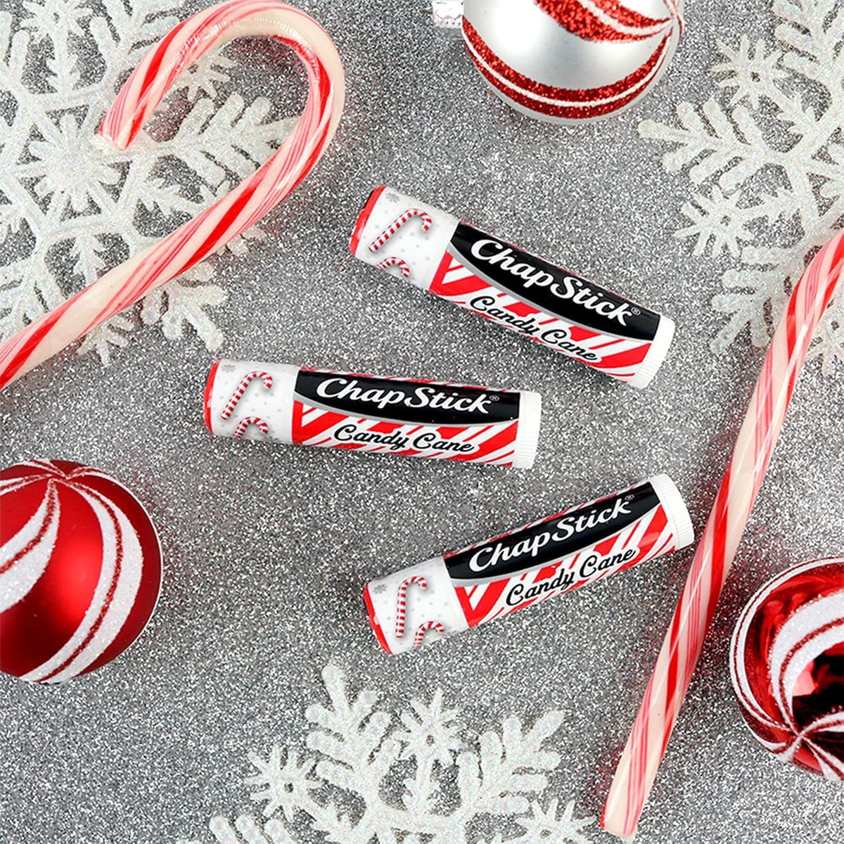 ChapStick Candy Cane arranged in holiday stocking display for seasonal gifts