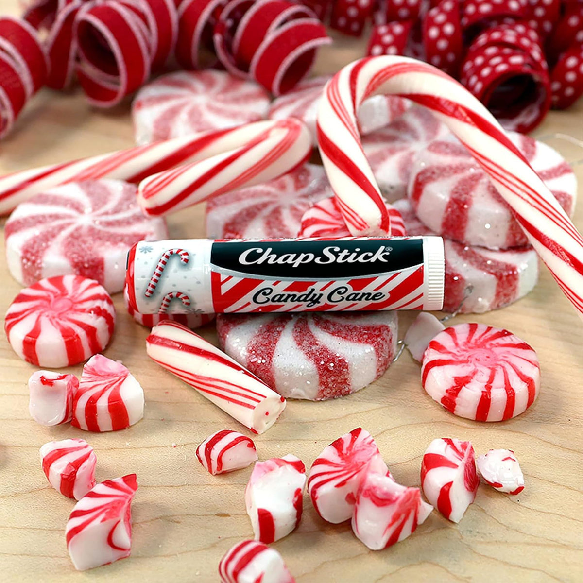 ChapStick single tube closeup showing candy cane mint flavor and portable design