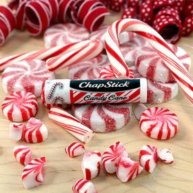 ChapStick single tube closeup showing candy cane mint flavor and portable design
