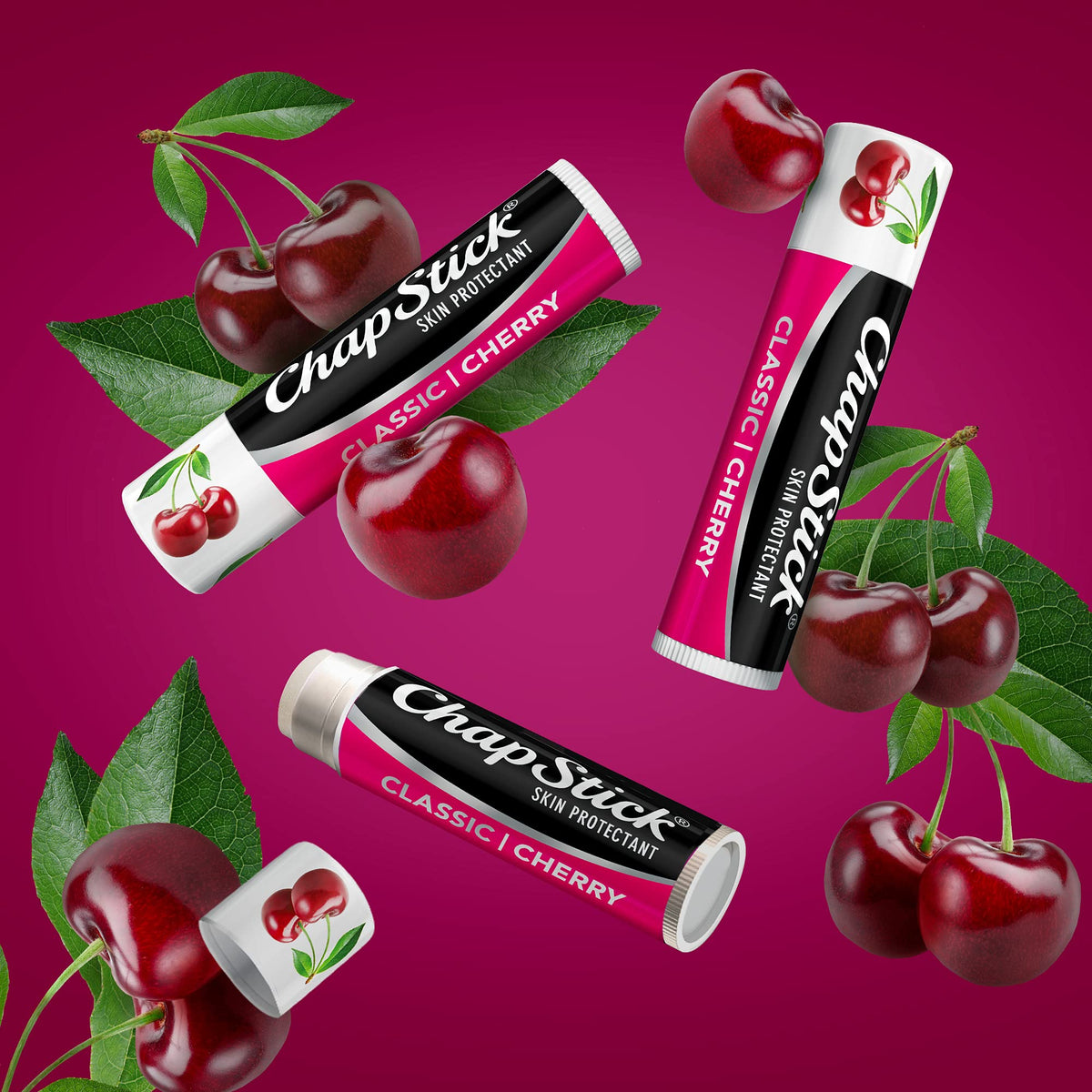 ChapStick cherry texture closeup highlighting smooth balm for fast hydration