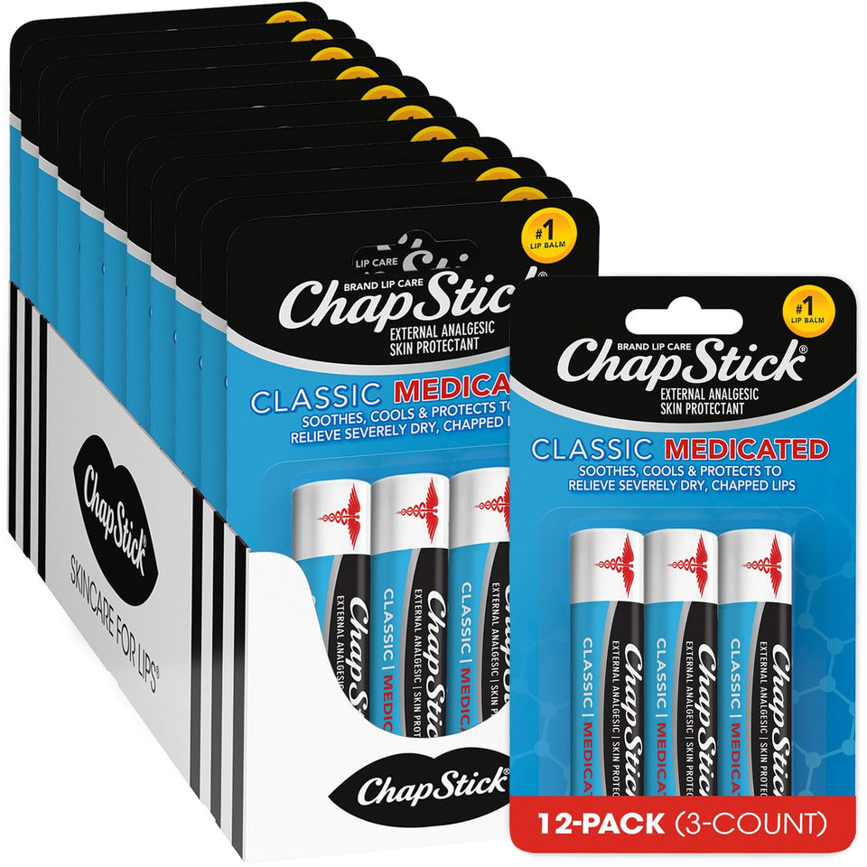ChapStick Classic Medicated front packaging showing 3-pack and brand