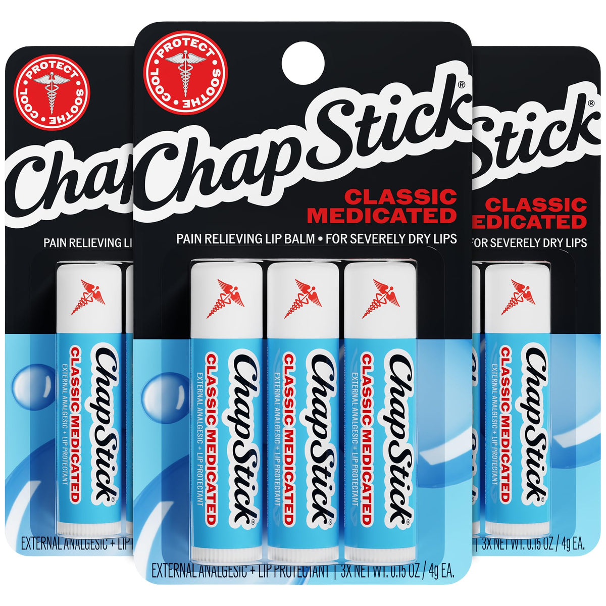 ChapStick Classic Medicated front packaging showing brand and soothing relief