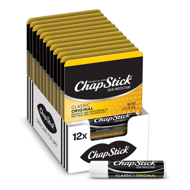 ChapStick classic front packaging showing 12 tubes and storage convenience