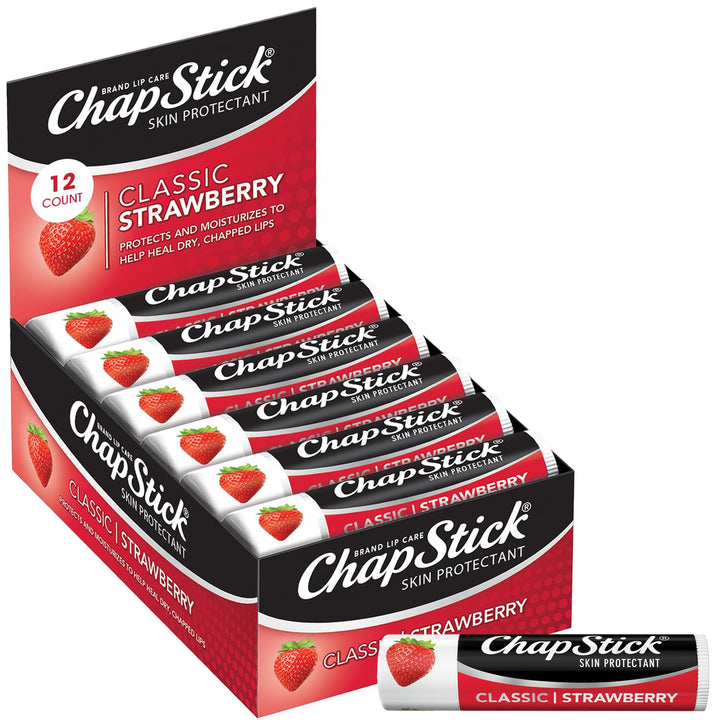 ChapStick front packaging showing 12-count strawberry tubes for convenient stocking