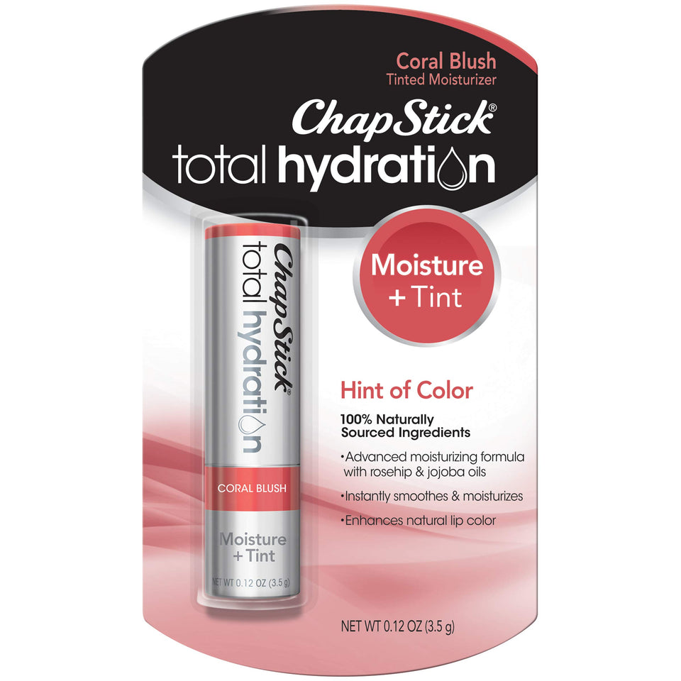 ChapStick Coral Blush front tube showing brand and shade, easy grab convenience