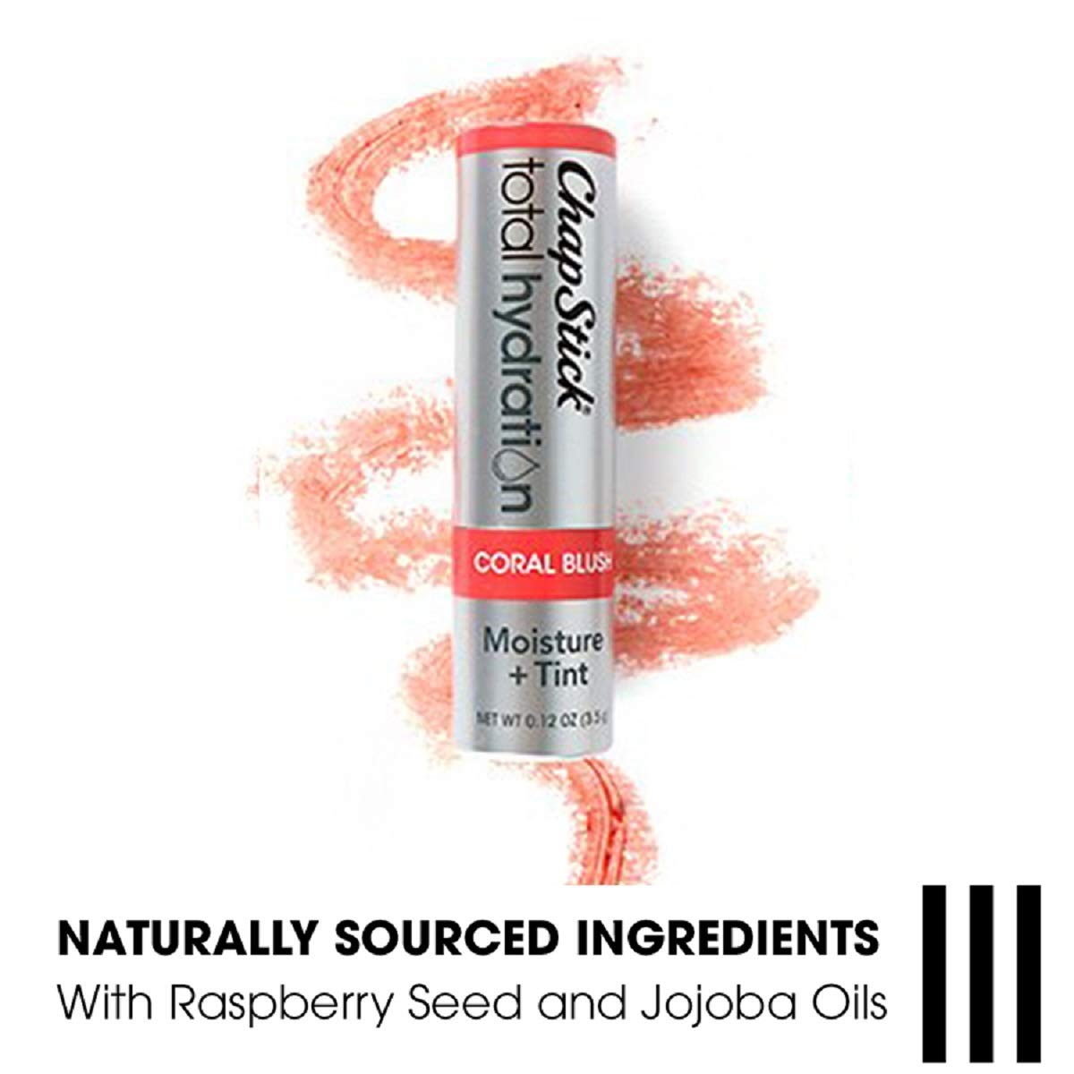 ChapStick Coral Blush close-up texture view, brand nourishing oils visible