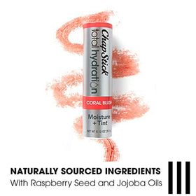 ChapStick Coral Blush close-up texture view, brand nourishing oils visible