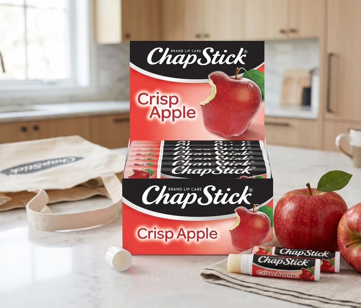 ChapStick close-up application on lips showing Crisp Apple moisturizing effect