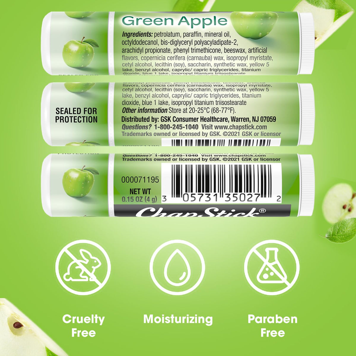 ChapStick green apple label and ingredients list showing transparent benefit
