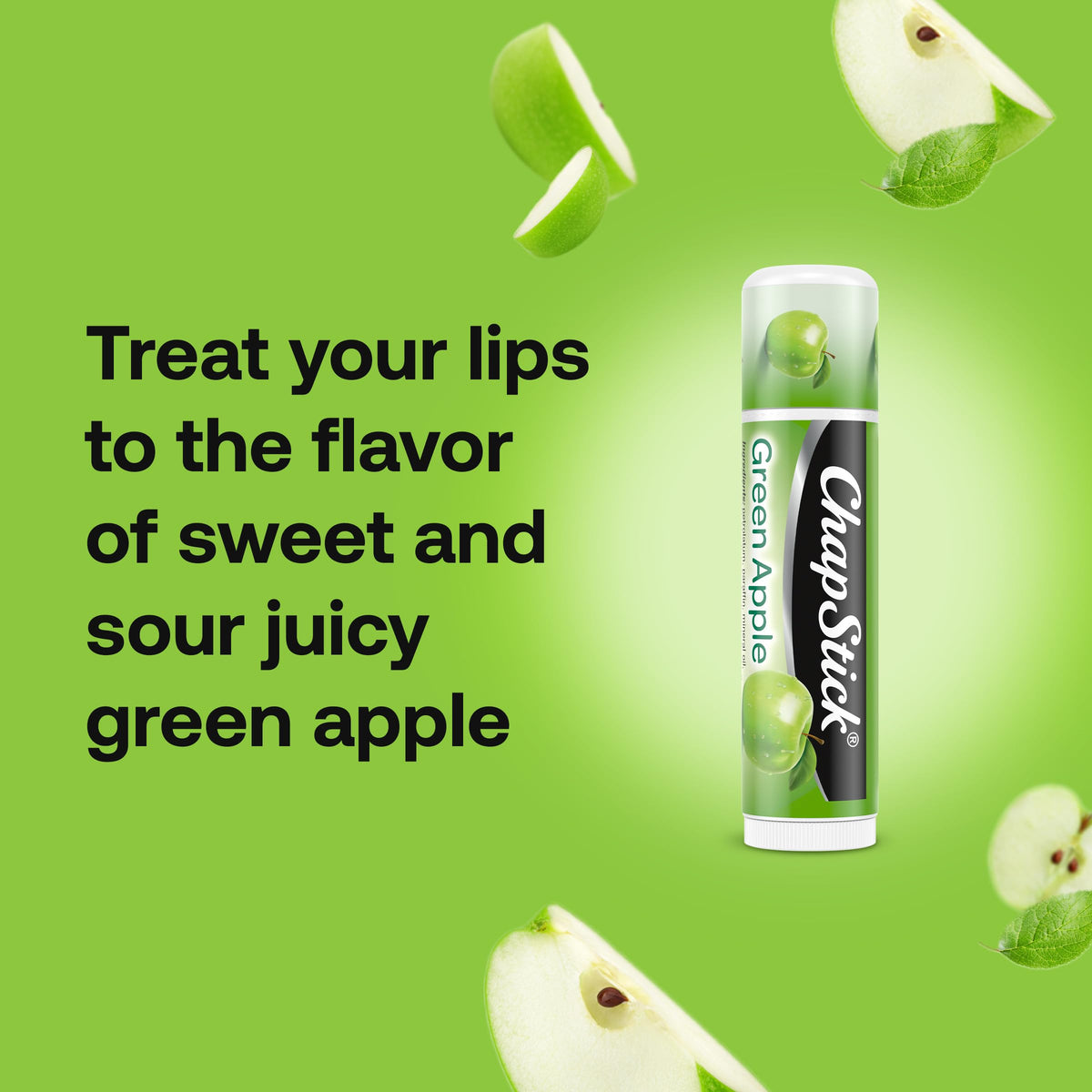 ChapStick green apple texture swiped on hand showing moisturizing benefit