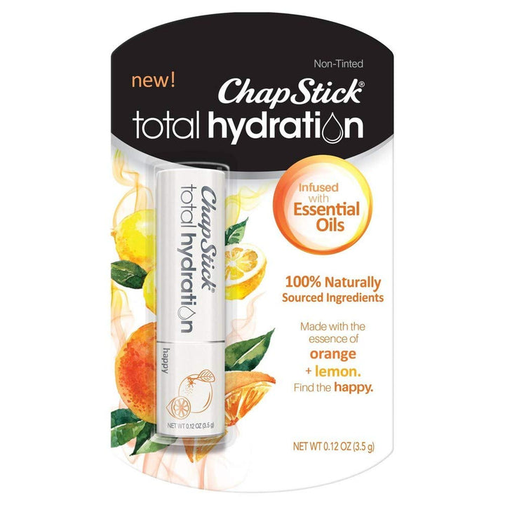 ChapStick Happy front packaging showing two orange and lemon balm tubes for portable hydration