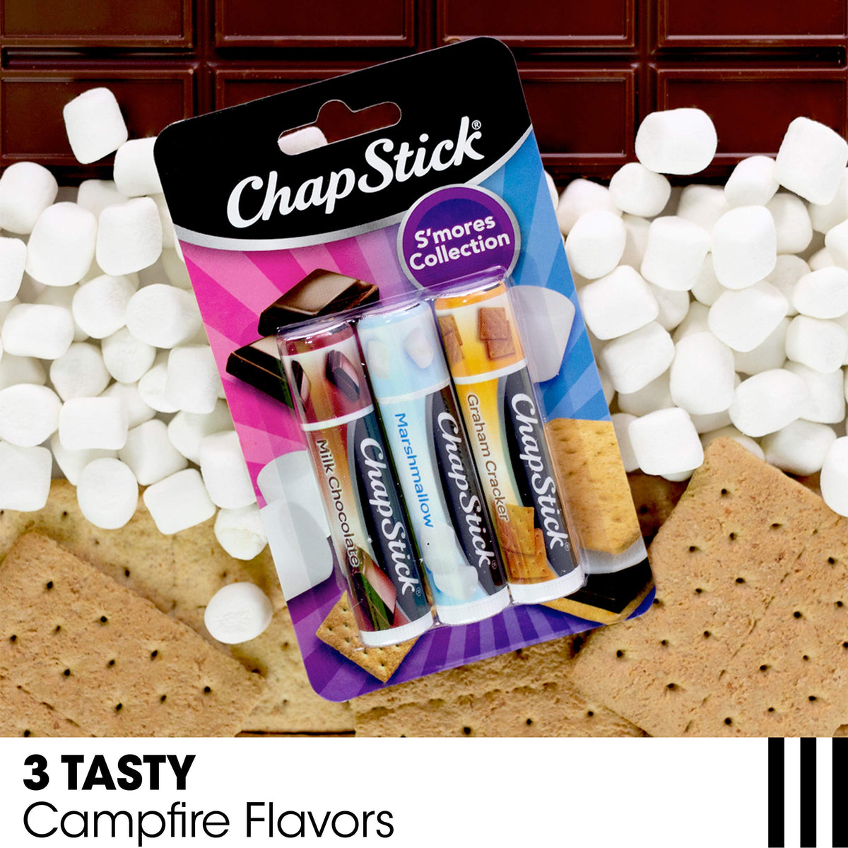 ChapStick three tubes arranged to display flavor variety and easy grab-and-go benefit